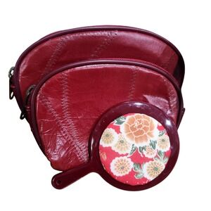 Vintage Red Faux Leather Cosmetic‎ pouches + compact mirror